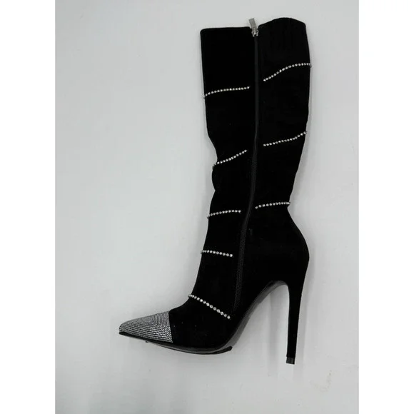 Lauren Lorraine Womens Boots Beyonce Black Rhinestones Knee Size 6.5 Statement - Picture 4 of 11